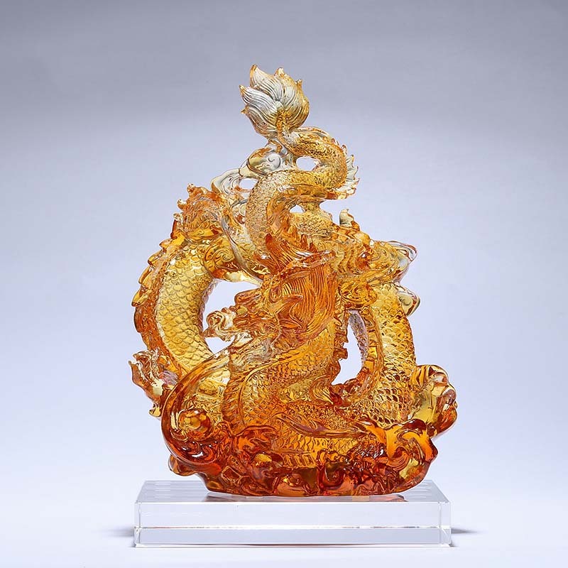 Year of the Dragon Handmade Liuli Crystal Art Piece Protection Home Office Decoration With Base