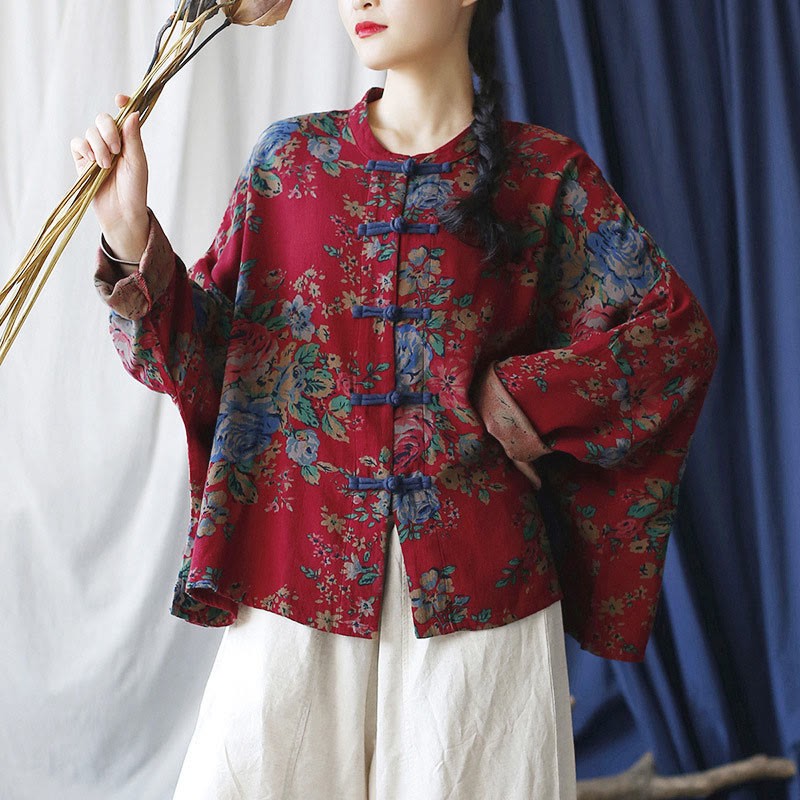Red Flowers Green Leaves Print Frog-button Design Long Sleeve Cotton Linen Jacket Shirt
