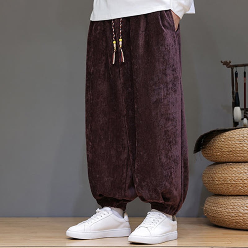 Fall Winter Men's Drawstring Chenille Harem Pants With Pockets