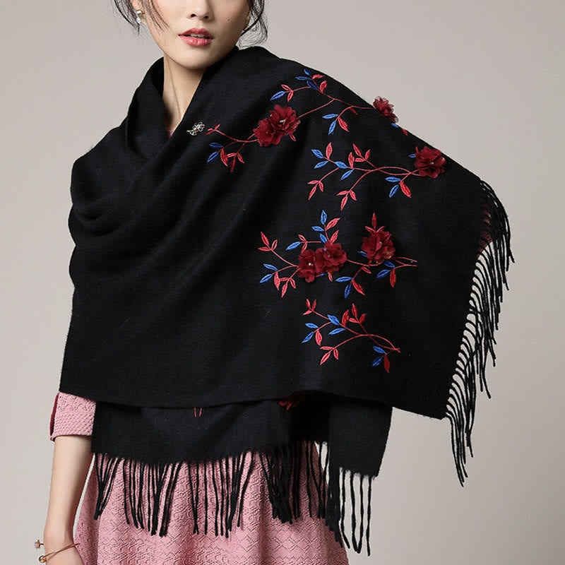 Wool Shawl 3D Floral Embroidery Tassel Winter Cozy Travel Scarf Wrap