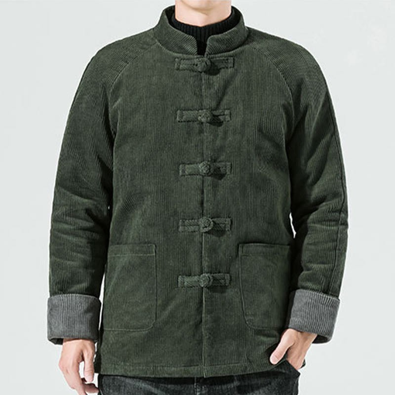 Frog-Button Chinese Tang Suit Stand Collar Long Shirt Corduroy Men Cotton Jacket Clothing