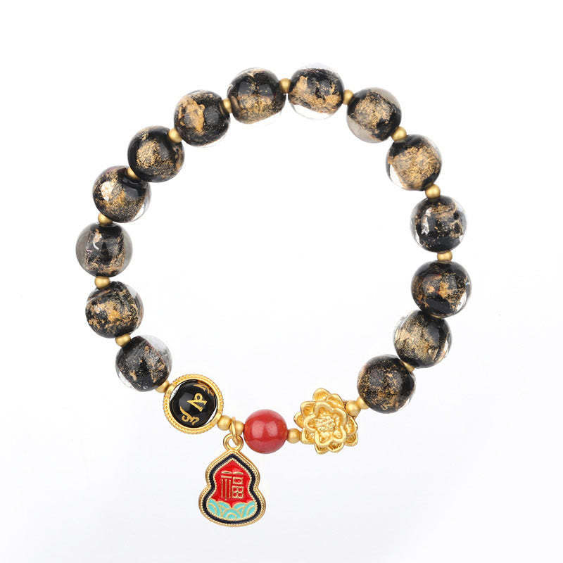 Tibet Om Mani Padme Hum Fu Character Gourd Charm Lotus Liuli Glass Bead Luck Bracelet