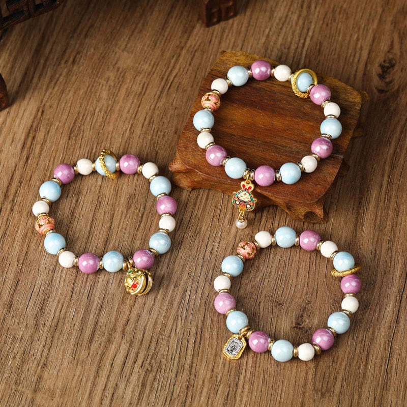 Tibetan Zakiram Goddess of Wealth Rabbit Lion Head Charm Liuli Glass Incense Ash Porcelain Bead Protection Bracelet