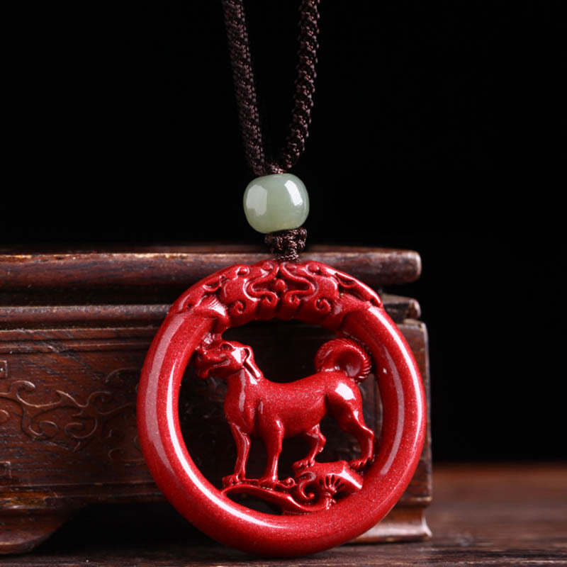Chinese Zodiac Cinnabar Hetian Jade Peace Buckle Calm Necklace Pendant