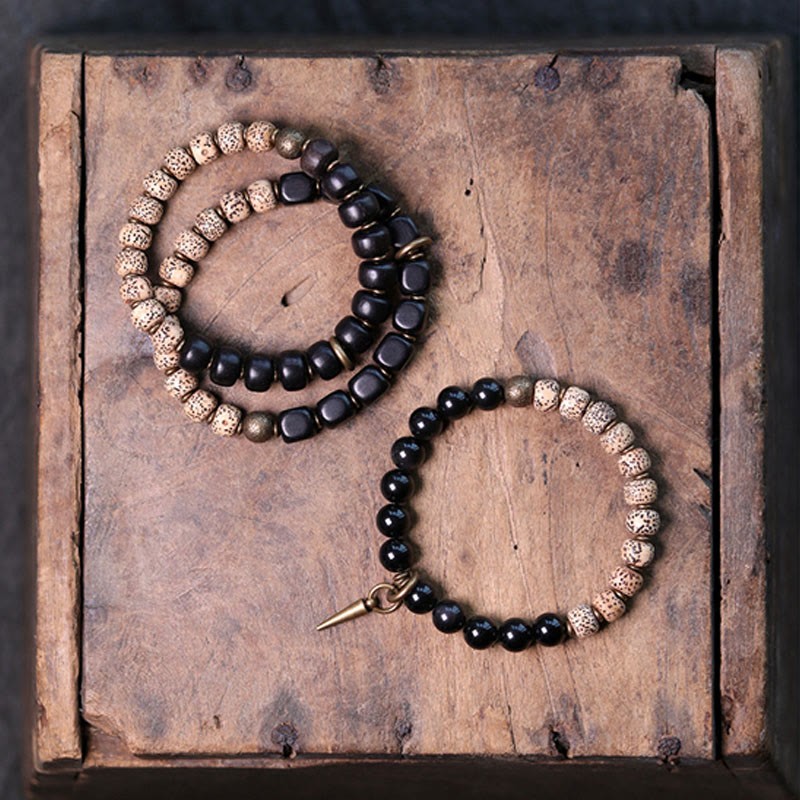 Tibetan Bodhi Seed Black Obsidian Ebony Wood Copper Peace Bracelet