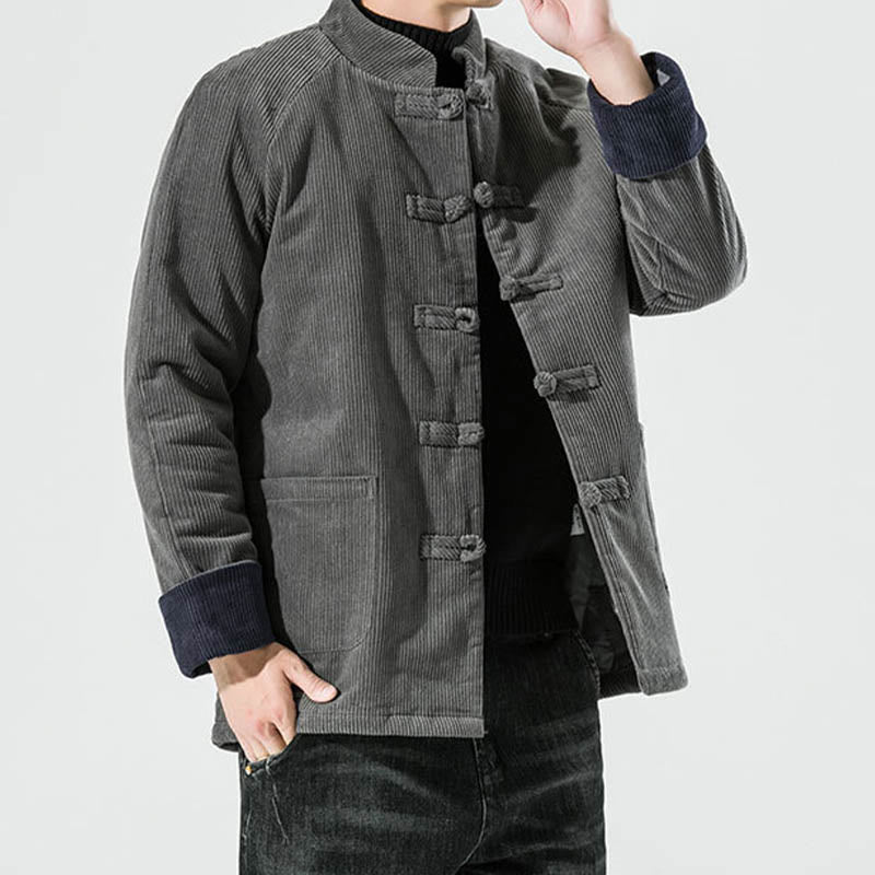 Frog-Button Chinese Tang Suit Stand Collar Long Shirt Corduroy Men Cotton Jacket Clothing
