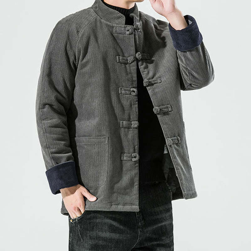 Frog-Button Chinese Tang Suit Stand Collar Long Shirt Corduroy Men Cotton Jacket Clothing