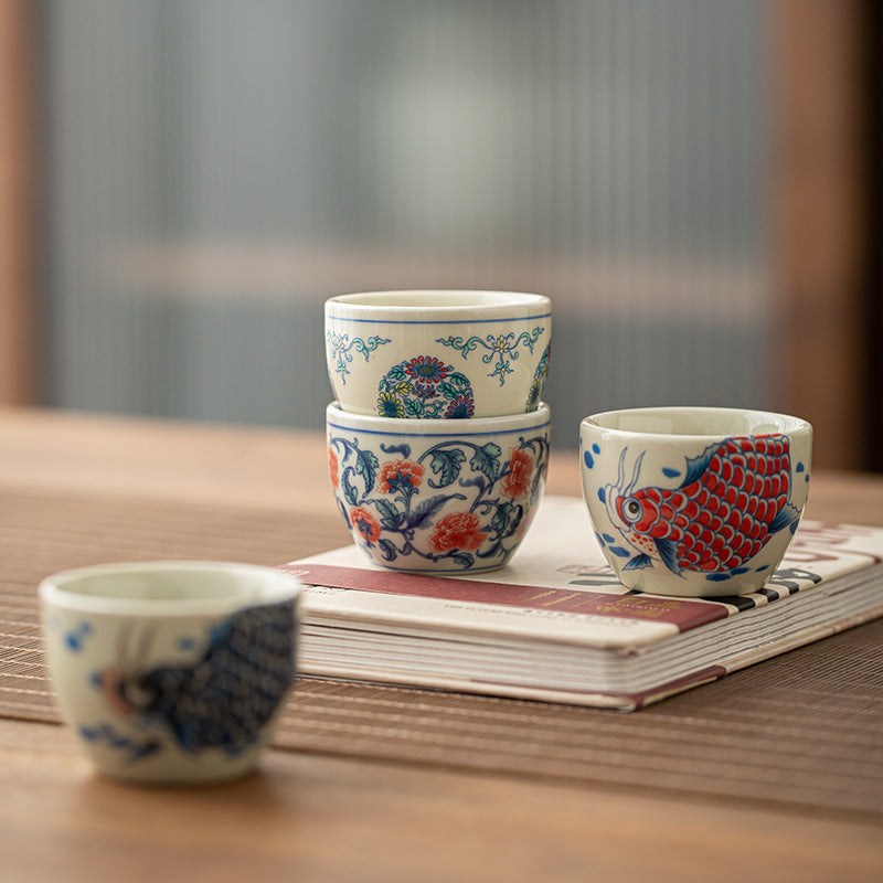Koi Fish Arowana Peony Sunflower Ceramic Teacup Kung Fu Tea Cup 60ml