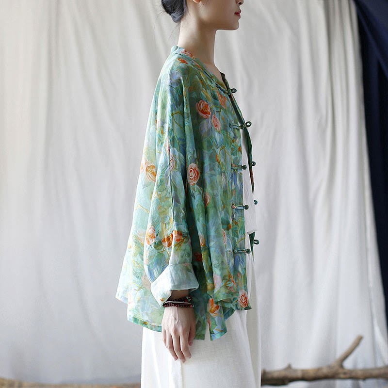 Pink Flowers Green Leaves Print Frog-button Design Long Sleeve Ramie Linen Jacket Shirt