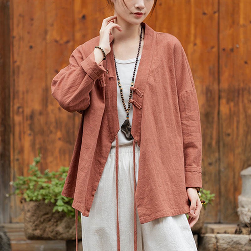 Frog-Button Hanfu Design Shirt Top Ramie Linen Jacket