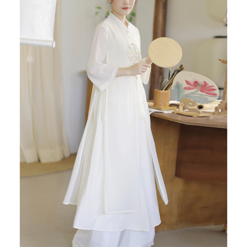 Embroidery Chiffon Cheongsam Midi Dress Wide Leg Pants Meditation Zen Practice Clothing