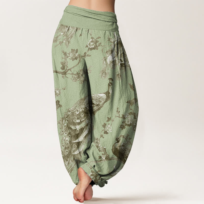 Casual Peacock Perched On Branch Petals Women's Elastic Waist Harem Pants