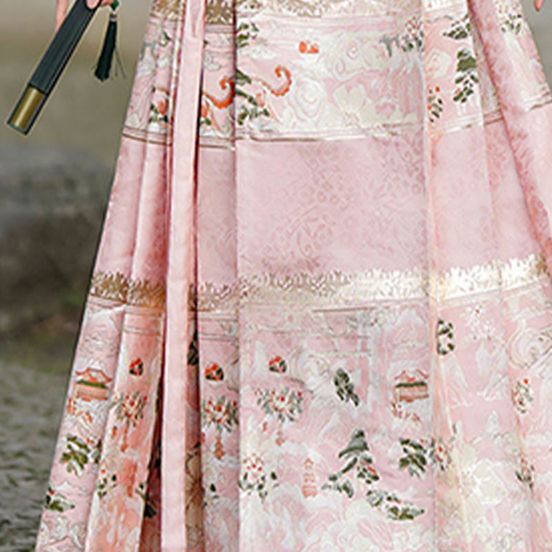 Chinese Hanfu Pink Peach Garden Printed Horse Face Skirt Mamianqun