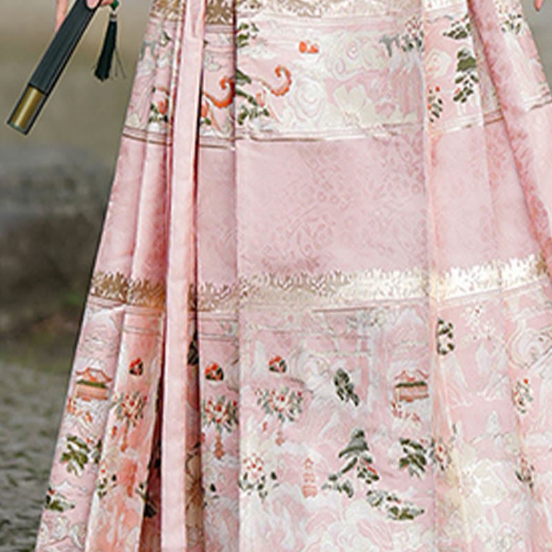 Chinese Hanfu Pink Peach Garden Printed Horse Face Skirt Mamianqun