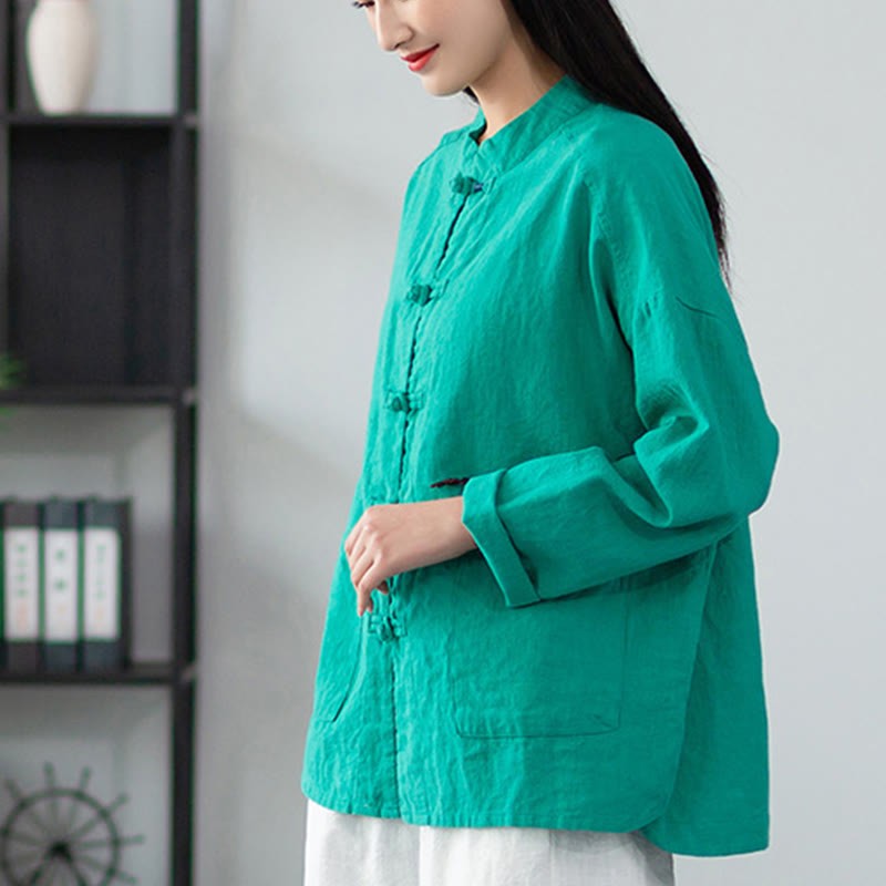 Solid Color Frog-button Long Sleeve Linen Women's Shirts With Pockets