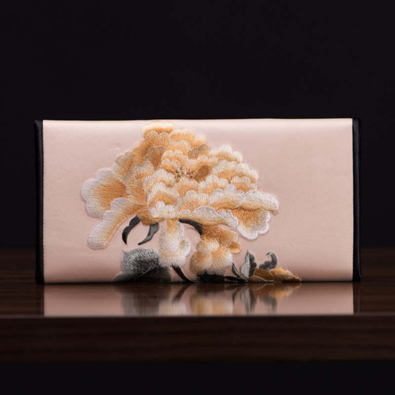 Peony Flower Su Embroidery Journey Shopping Long Purse Handbag