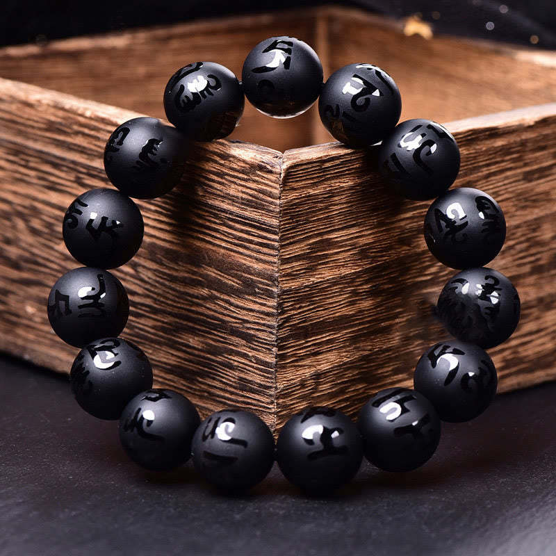 Natural Black Onyx Om Mani Padme Hum Carved Protection Bracelet