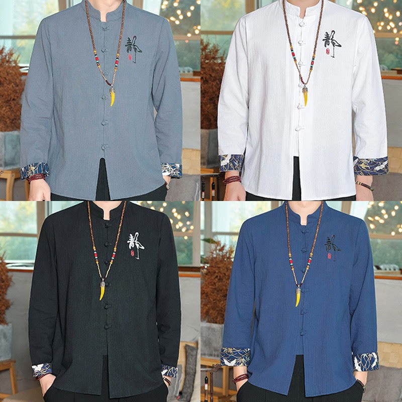Fall Solid Long Sleeve Frog-Button Shirt Linen Men Zen Clothing