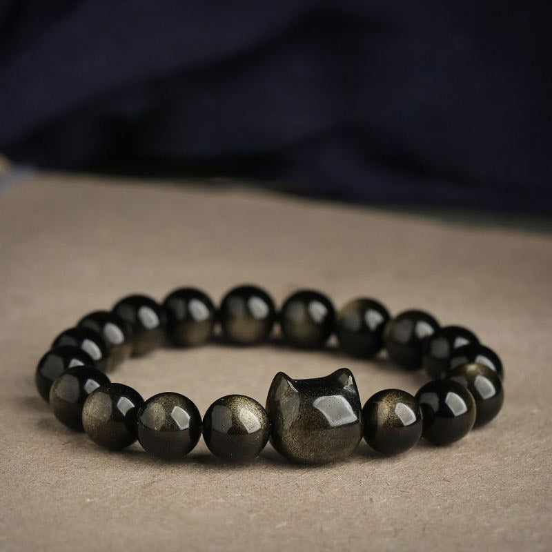 Gold Sheen Obsidian Silver Sheen Obsidian Lovely Paw Lucky Cat Protection Bracelet