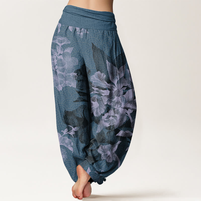 White Flowers Pattern Women's Elastic Waist Harem Pants