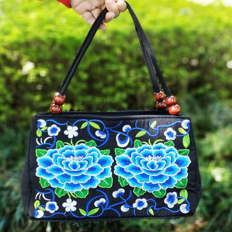 Galsang Inula Flower Peony Peacock Double-Sided Embroidery Canvas Shopping Purse Handbag