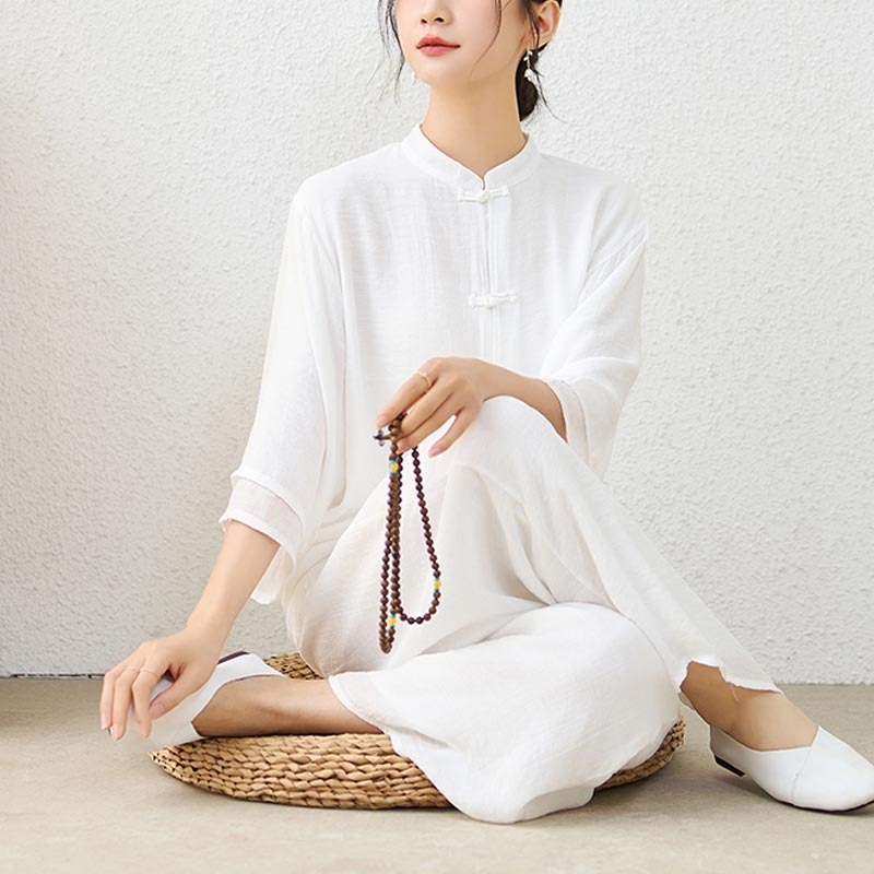 2Pcs Simple Chinese Frog Button Design Top Pants Meditation Yoga Zen Tai Chi Cotton Clothing Women's Set