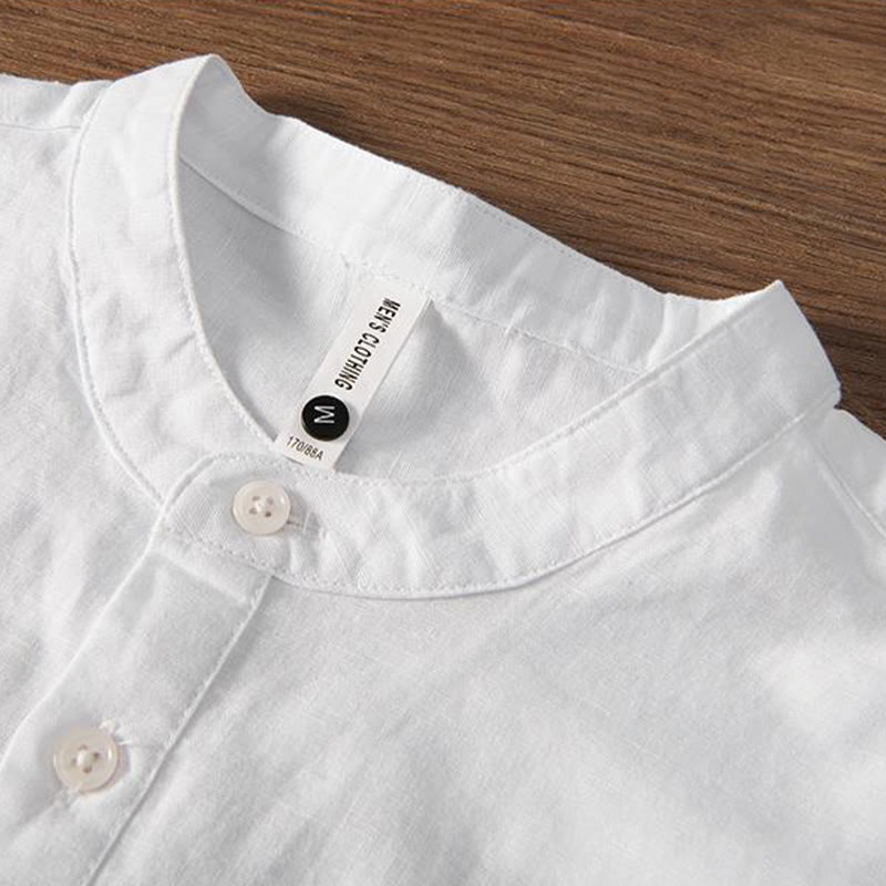 Soft Embroidery Crane Pattern Stand Collar Cotton Linen Half Button Men's Shirt