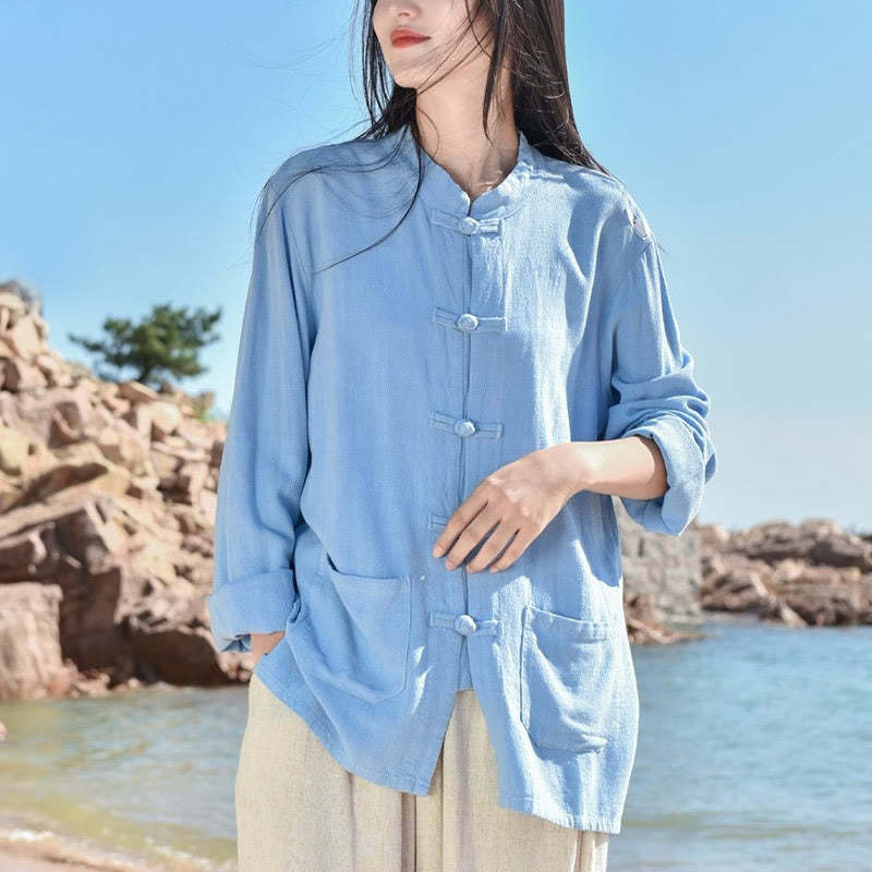 Solid Color Frog-button Long Sleeve Cotton Linen Women's Shirts With Pockets