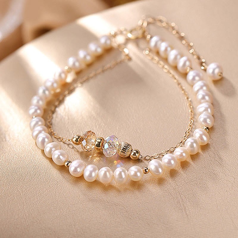 925 Sterling Silver 14K Gold Plated Natural Pearl Crystal Healing Double Layer Bracelet
