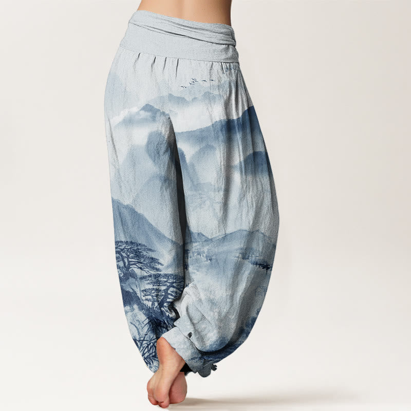 Mountains Trees Landscape Ink Painting Women's Elastic Waist Harem Pants