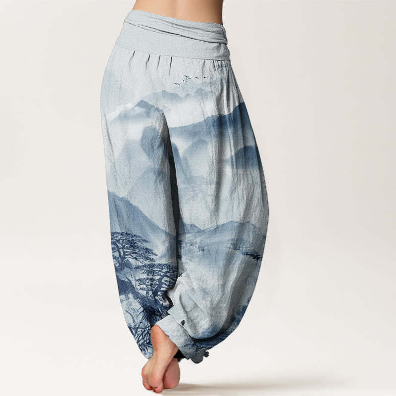 Mountains Trees Landscape Ink Painting Women's Elastic Waist Harem Pants