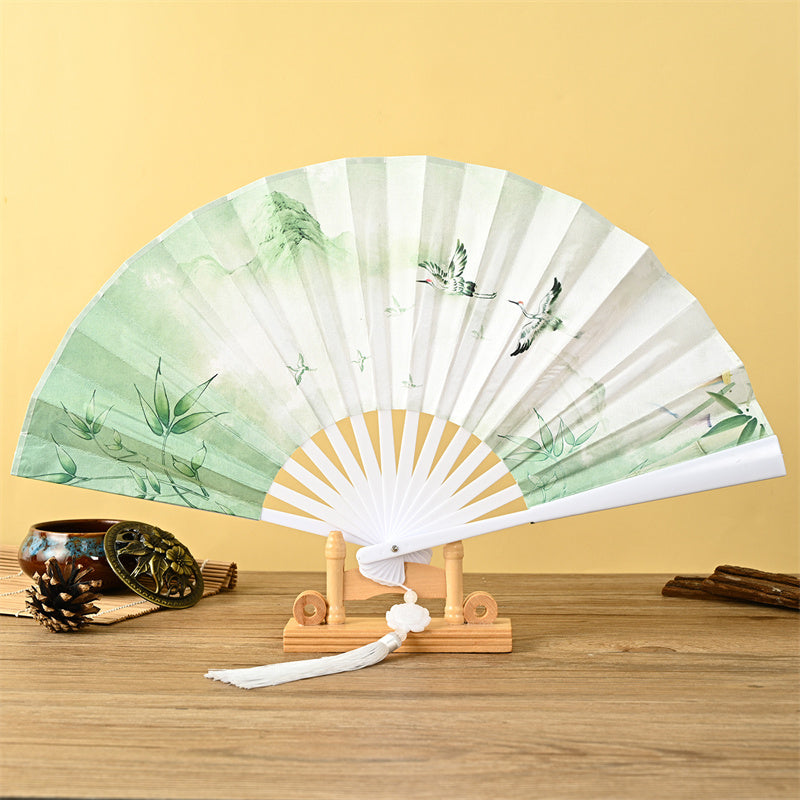 Dragon Phoenix Tiger Crane Eagle Wolf Koi Fish Handheld Folding Fan Lotus Tassel Fan