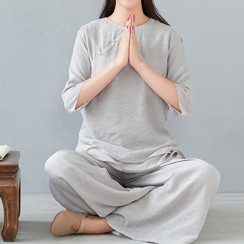 2Pcs Three Quarter Sleeve Long Sleeve Shirt Wide Leg Pants Meditation Cotton Linen Clothing Women's Set