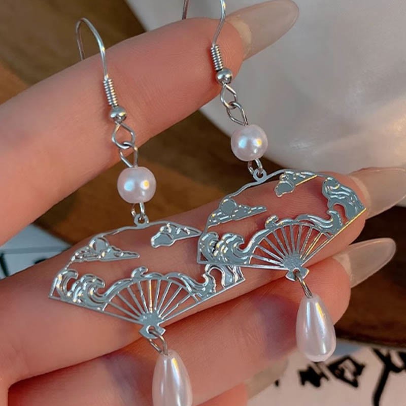 Copper Fan Auspicious Clouds Pearl Healing Drop Earrings
