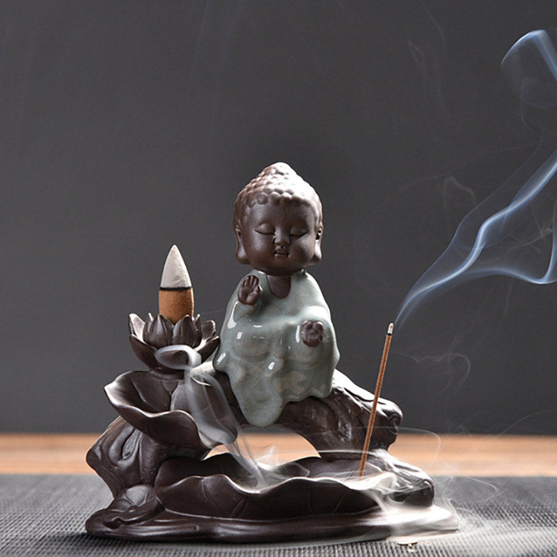 Little Monk Ceramic Lotus Blessing Incense Burner Decoration