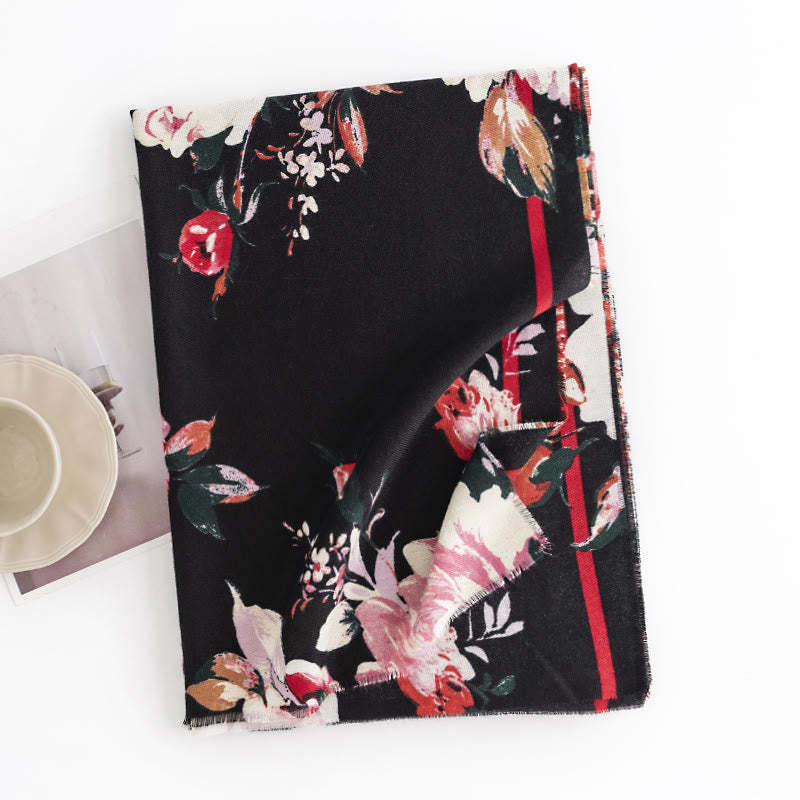 Tibetan Blooming Rose Peony Flower Print Shawl Fall Winter Cozy Warm Scarf Wrap