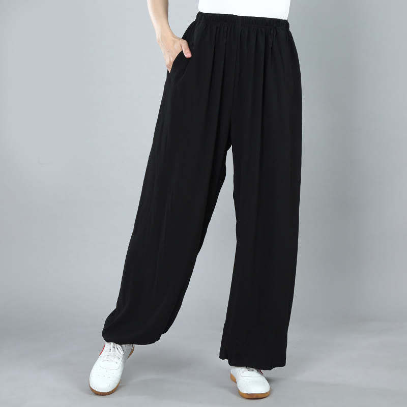 Summer Unisex Elastic Waist Tai Chi Kung Fu Qigong Practice Cotton Breathable Pants With Pockets
