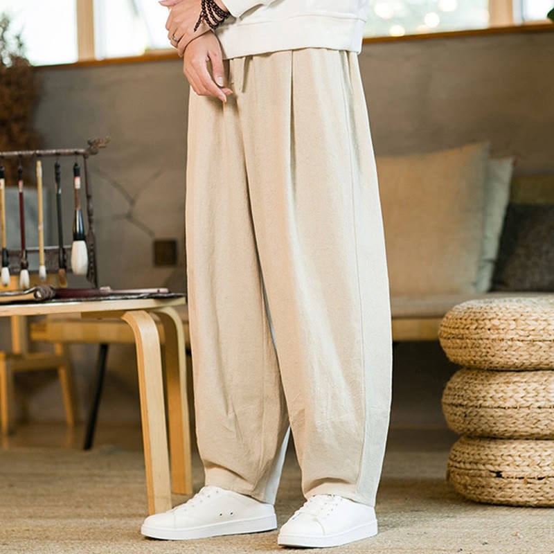 Solid Color Cotton Linen Drawstring Men's Harem Pants With Pockets