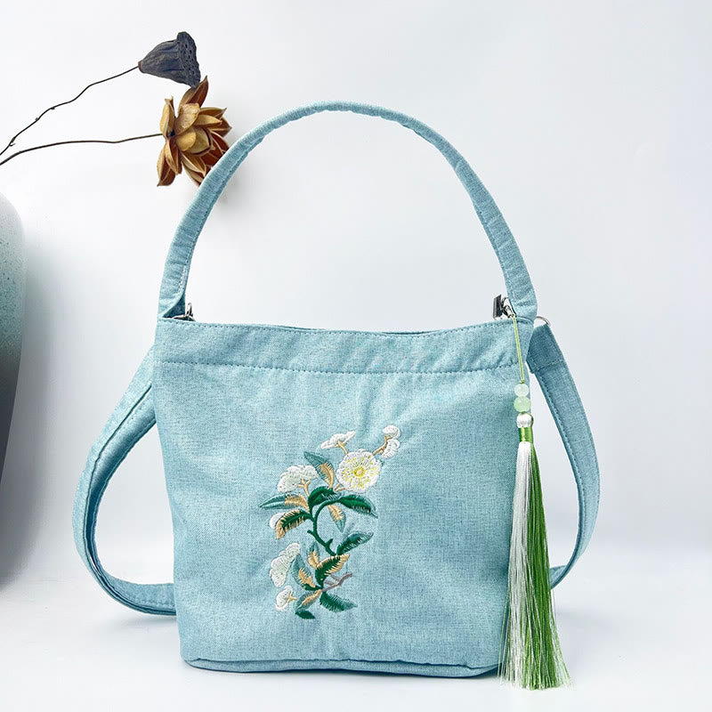 Embroidery Wisteria Plum Lotus Cherry Blossom Cotton Linen Canvas Tote Crossbody Bag Shoulder Bag Handbag