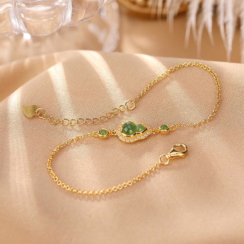 925 Sterling Silver Plated Gold Natural Hetian Cyan Jade Gourd Luck Bracelet Ring Set