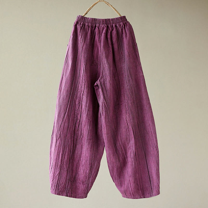 Casual Plain Loose Tie-Dye Distressed Women's Ramie Pants With Pockets