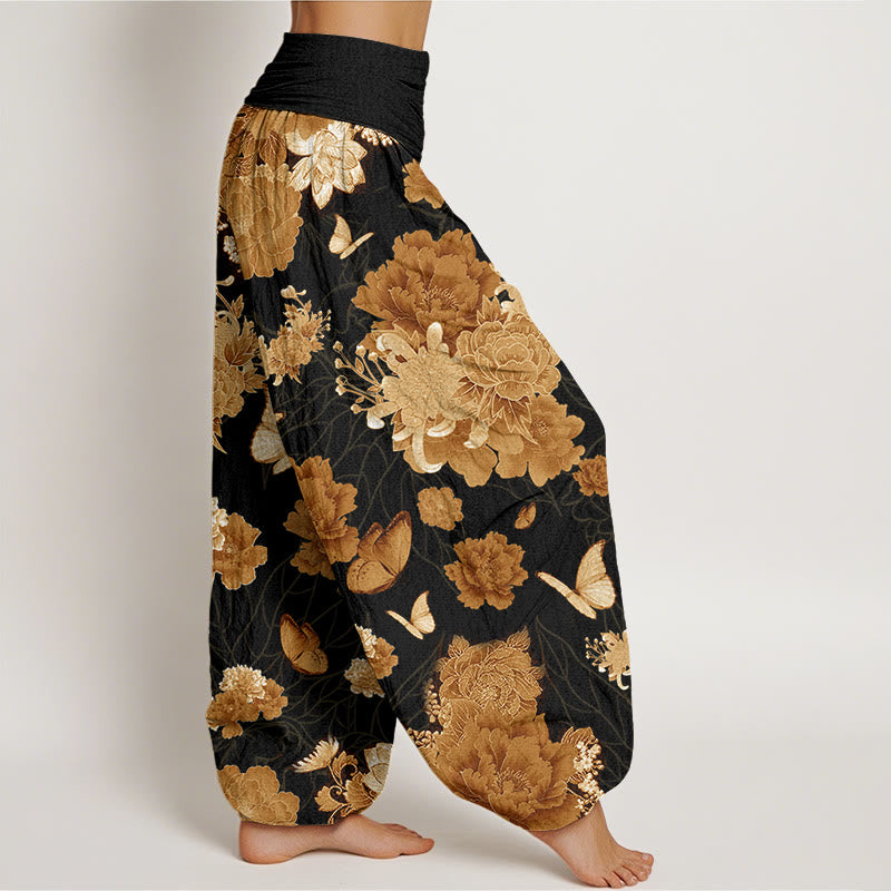 Peony Flowers Pattern Women's Elastic Waist Harem Pants