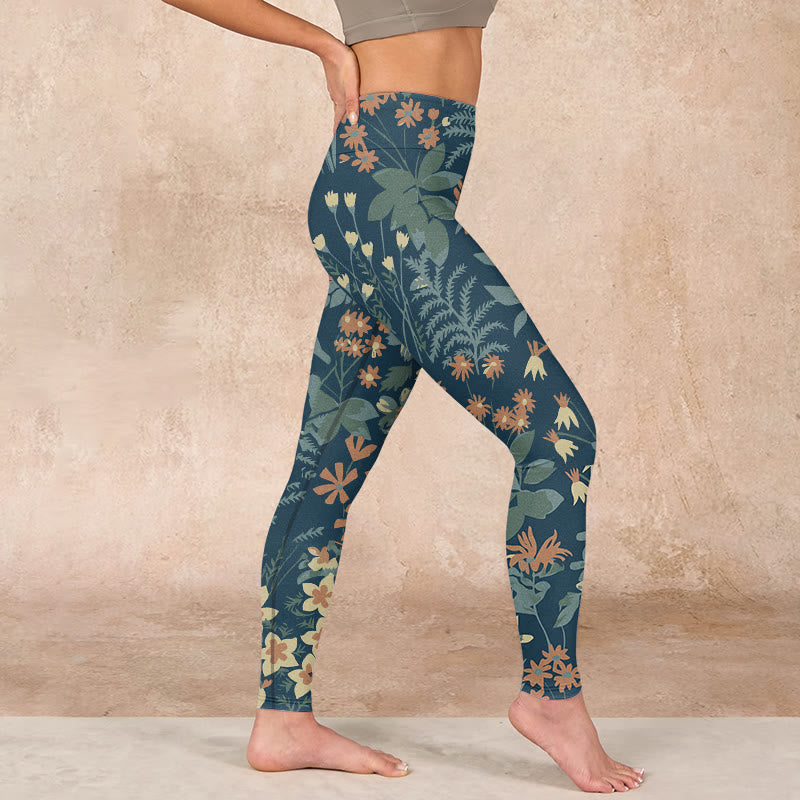 Casual Daisy Flowers Leaves Print Gym Fitness Leggings Women's Yoga Pants