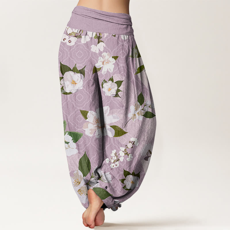 Casual White Magnolia Flowers Leaves Women's Elastic Waist Harem Pants