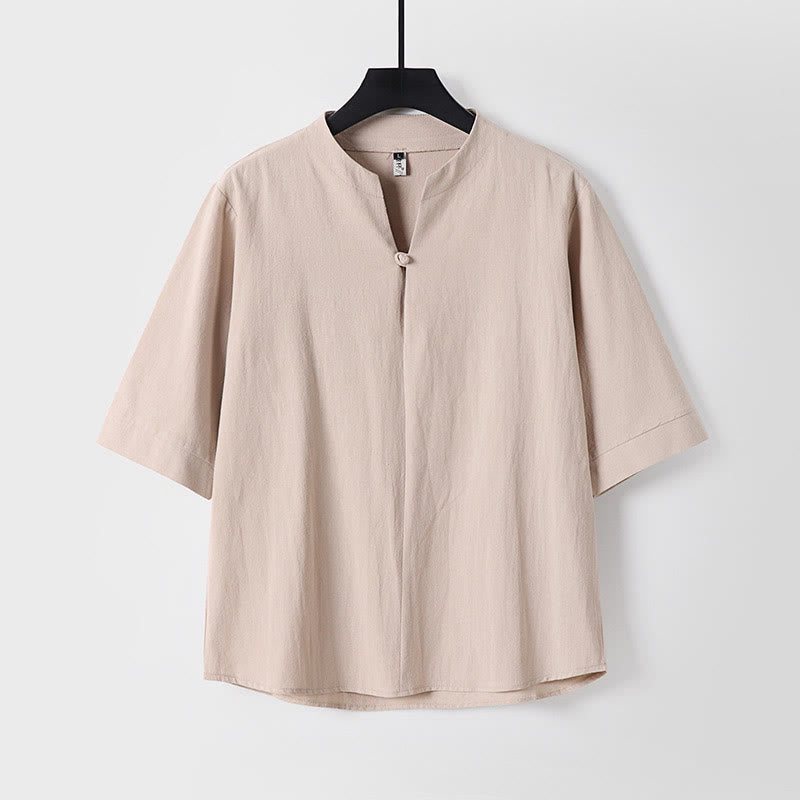 Plain Color Three Quarter Sleeve One Button Cotton Linen Men's Shirt