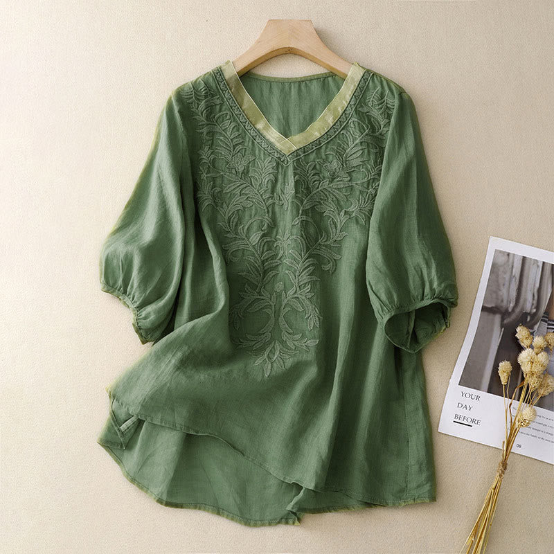Casual Women's Plain Embroidered Plant V-neck Design Half Sleeve Cotton Linen Shirt