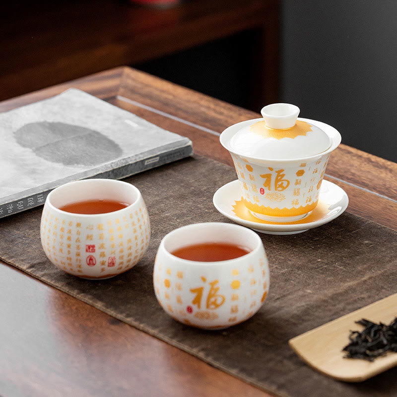 Buddhist Heart Sutra Small Fu Character Ceramic Gaiwan Teacup Kung Fu Tea Cup And Saucer With Lid