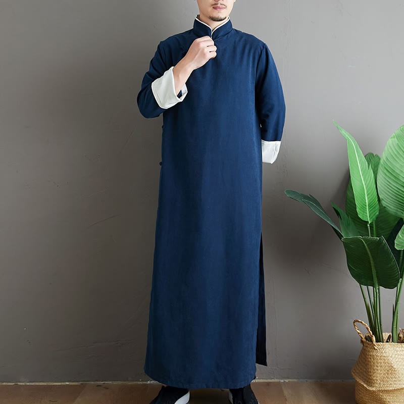 Fall Solid Color Chinese Frog-Button Cotton Men's Tang Suit Robe