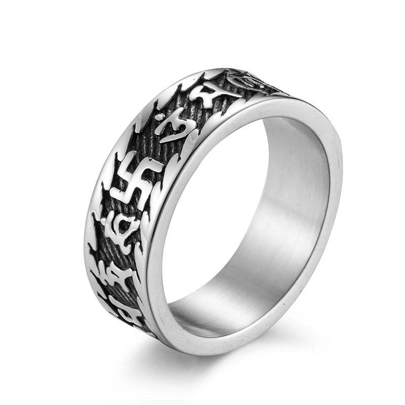 Six True Words Om Mani Padme Hum Swastika Titanium Steel Peace Ring