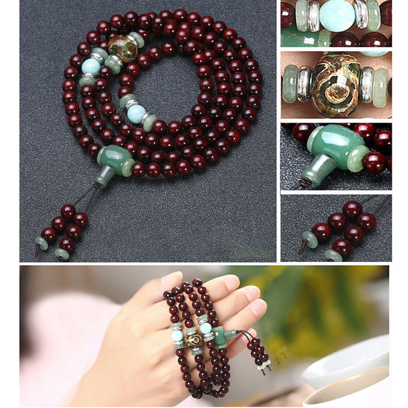 108 Beads Small Leaf Red Sandalwood Green Aventurine Amazonite Luck Healing Bracelet Mala
